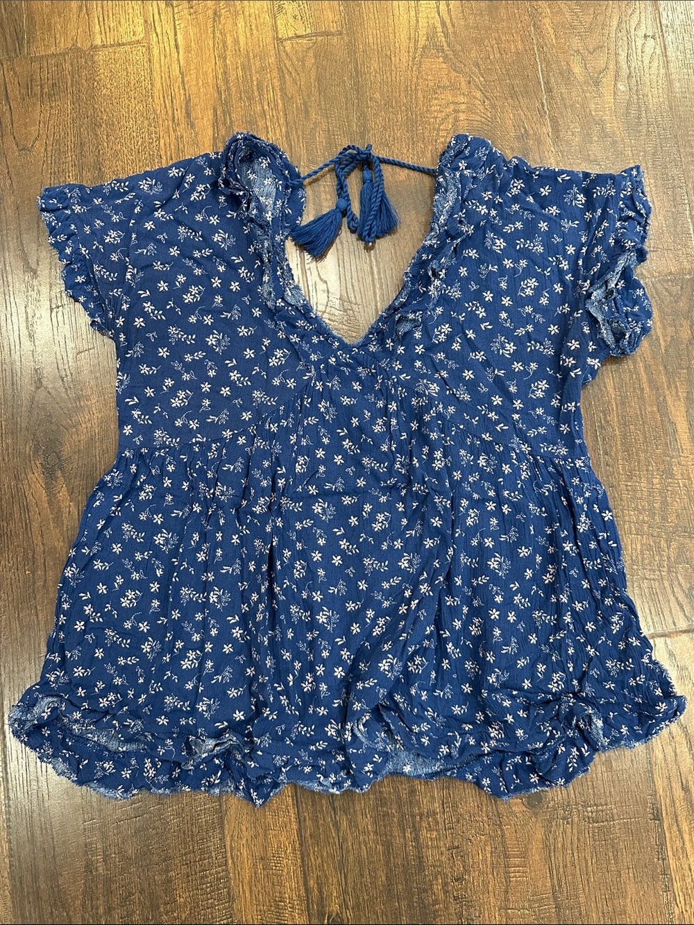 Blue Floral V-Neck Women’s Peasant Top
